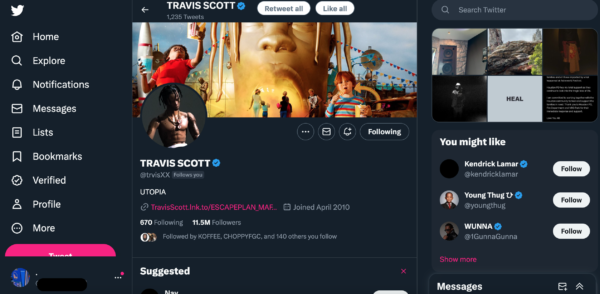 Twitter followed by Travis Scott